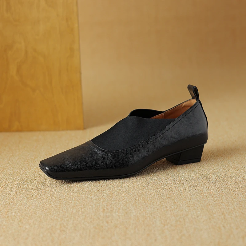 Zapatos de tacón de piel auténtica para mujer, calzado negro con punta cuadrada, informal, elegante, a la moda, Y123