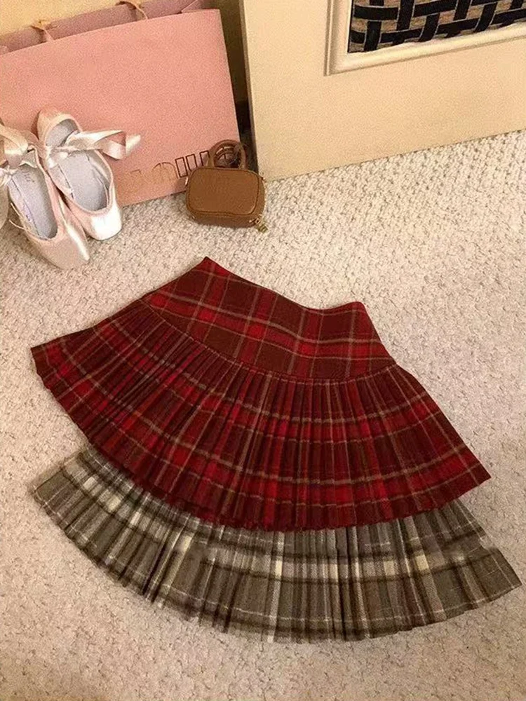 Vintage Plaid Pleated Skirts Women Y2K Autumn Winter Preppy Faux Woolen Mini Skirts Female High Waist Sweet Blended Skirts New