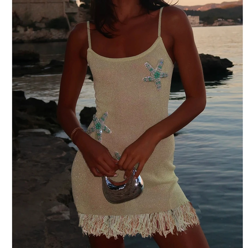 Mini abito da donna lavorato a maglia con canotta sottile con perline stella marina scollo rotondo cinturino per spaghetti orlo con nappa abito aderente per i viaggi quotidiani