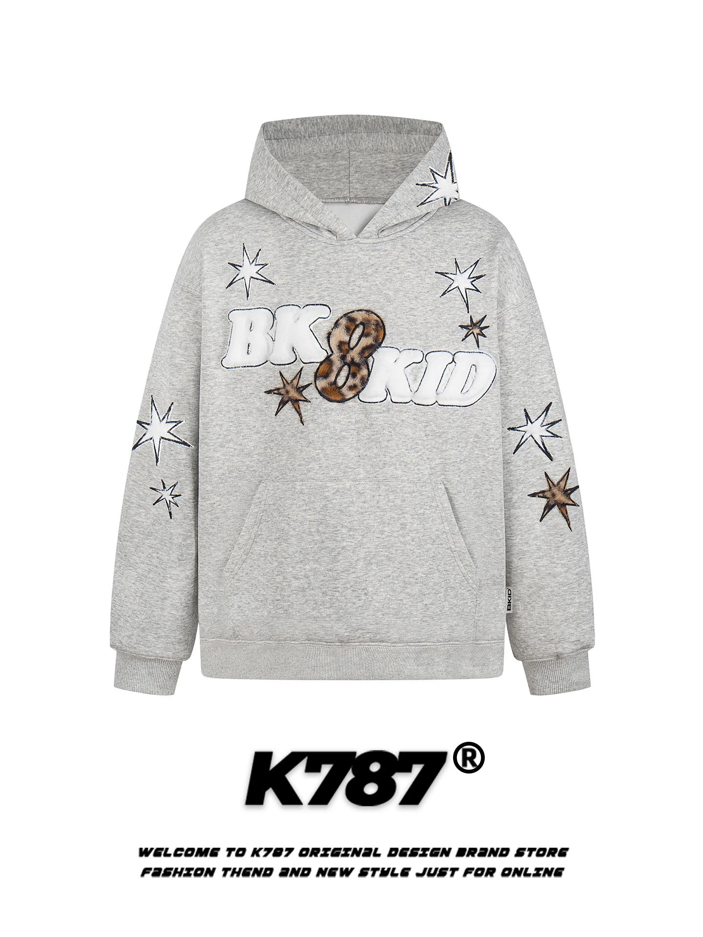 

K787 American Retro Leopard Print Letter Embroidery Hoodie ex Loose Warm Fce Lined Hooded Sweatirt Outerwear