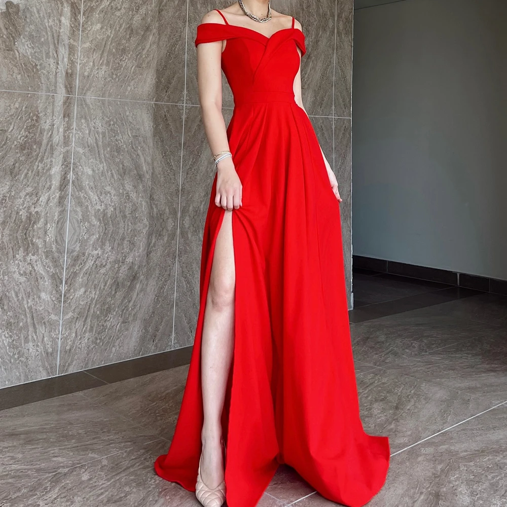 

Off the Shoulder Floor Length Straight Jersey Short Sleeves Elegant Party Dresses Woman Solid Red Bespoke Occasion Gowns Classic