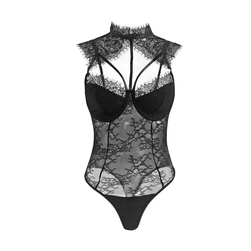 New Lace Eyelash Lace Steel Hollow Out Perspective Rompers Spring/Summer 2024 New Fashion Sexy Interior Wearing Jumpsuit Women