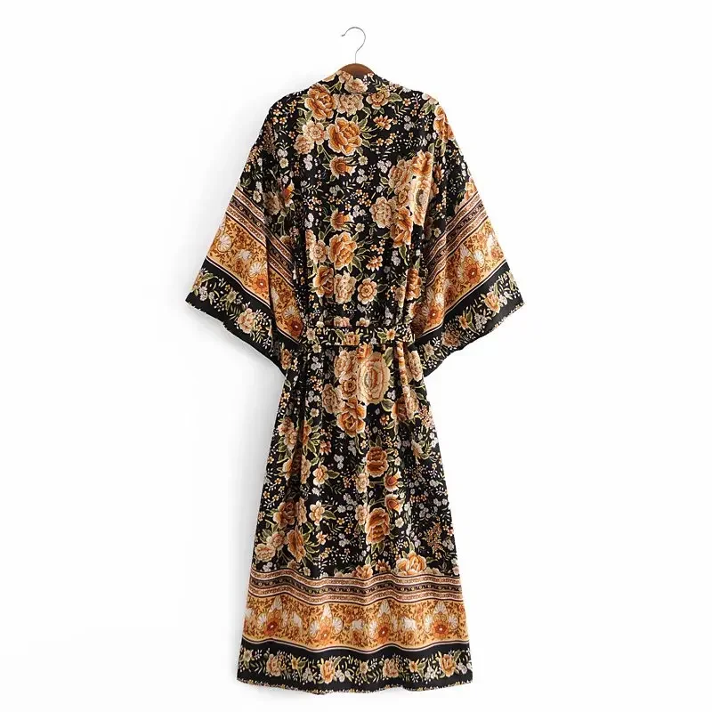 Boho Queens Floral Print Sashes Bohemian Vintage Chic Women Kimono Ladies V Neck Batwing Sleeves Maxi Bikini Robe Cover-ups