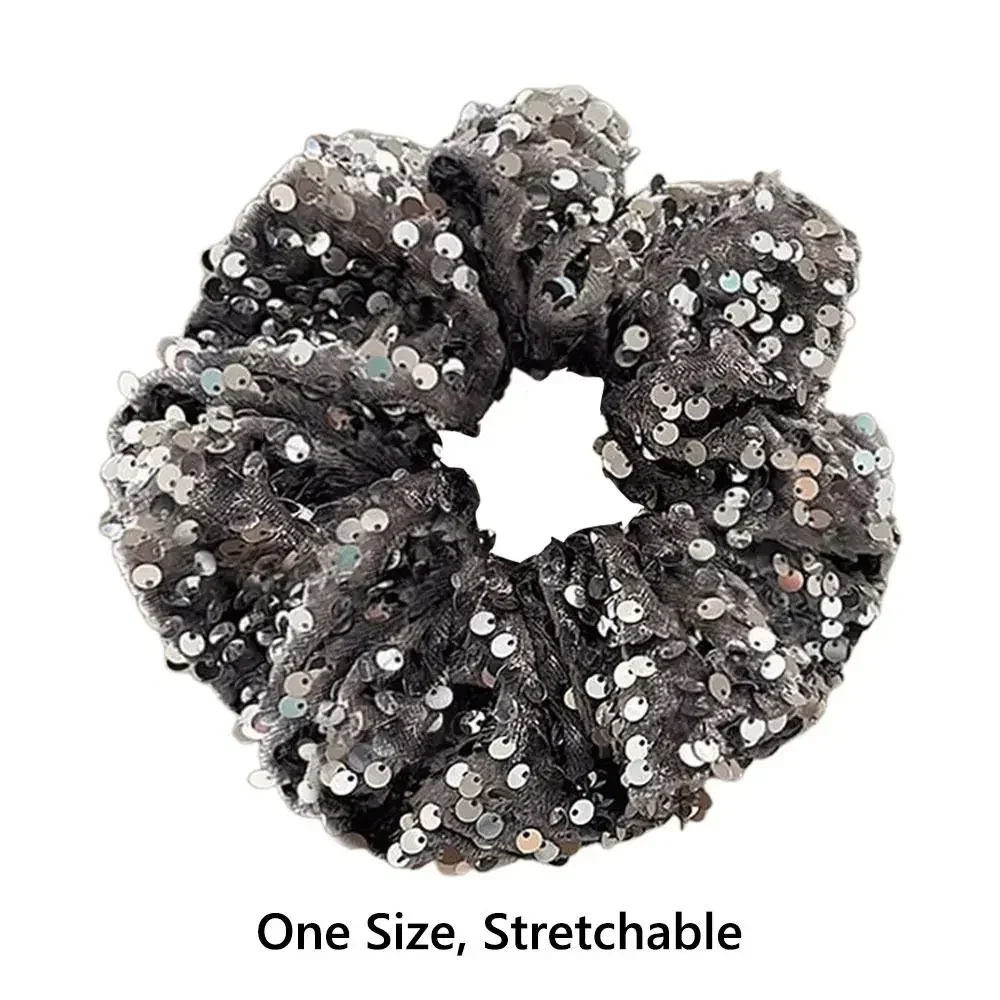 Gomas para el pelo de terciopelo de lujo Vintage para mujer, coleteros con lentejuelas negras y plateadas, accesorios grandes y brillantes para el cabello de fiesta