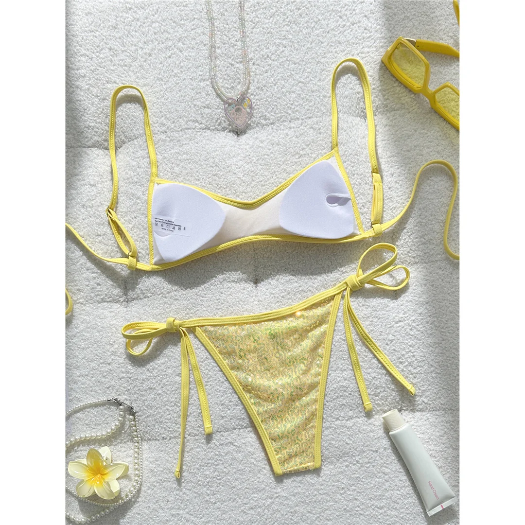 Neuer glänzender Bikini mit Pailletten, Damen-Badeanzug, zweiteiliges Bikini-Set, hoher Beinausschnitt, gepolsterter Badeanzug, Badebekleidung, Modell V8220. – Detail 4