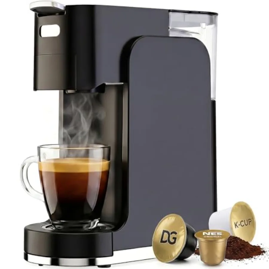 All-in-1 Single Serve Coffee Machine for home office use, stainless steel black, 20 bar pressure with 3-second heat-up and cust