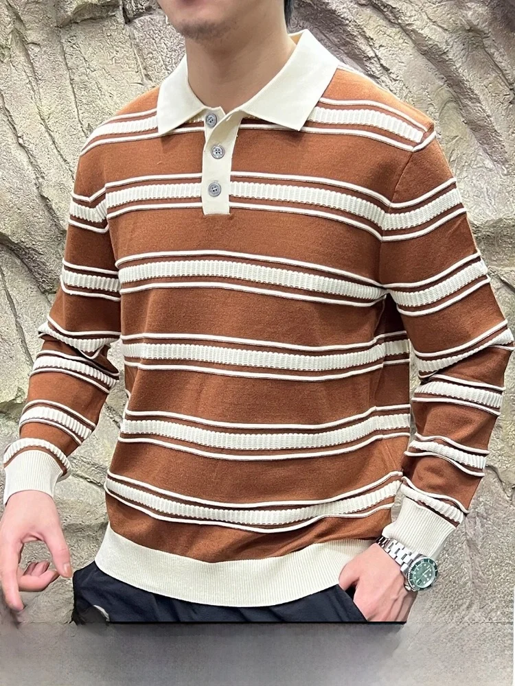 

Элегантный мужской вязаный свитер в стиле кэжуал с винтажными полосками, отложным воротником, длинными рукавами, теплый, модный, осенне-зимний топ