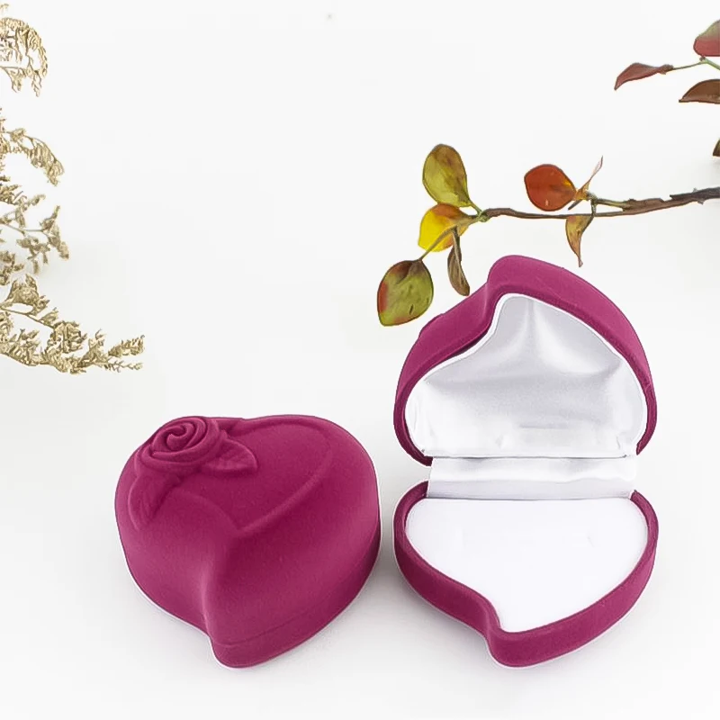 Flocking Heart Shape Ring Box Earrings Jewelry Packaging Gift Box Proposal Engagement Wedding Ring Box Jewelry Counter Display