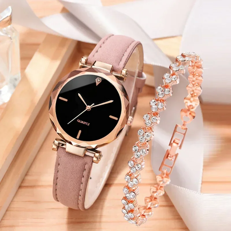 Ladies Watch 2pcs Luxury Fashion Watch for Women Set PU Leather Strap Quartz Wristwatch Rhinestone Rose Gold Alloy Bracelet Gift