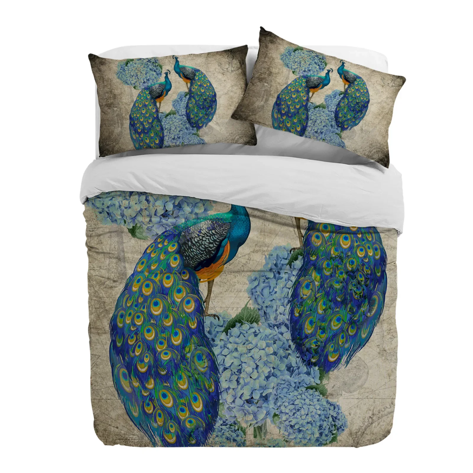 

Цветок павлина, гортензия, ретро пододеяльник с наволочкой, комплект постельного белья из 3 предметов на заказ, пододеяльник, двуспальная кровать, домашний текстиль