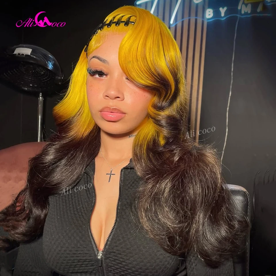 

Ombre желтый и шоколадно-коричневый, плотность 180, объемная волна, человеческие волосы 13x6, парики спереди, прозрачное кружево для женщин