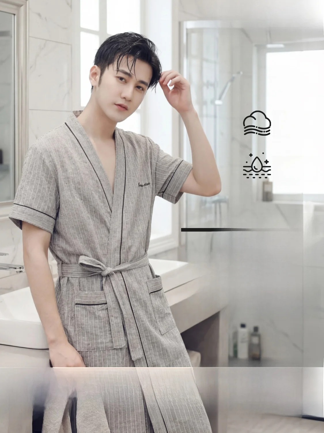 Men's Summer Thin Short Sleeve Pure Cotton Absorbent Bathrobe Sleepwear Comfortable Home Clothes Striped Pattern T06 Grey