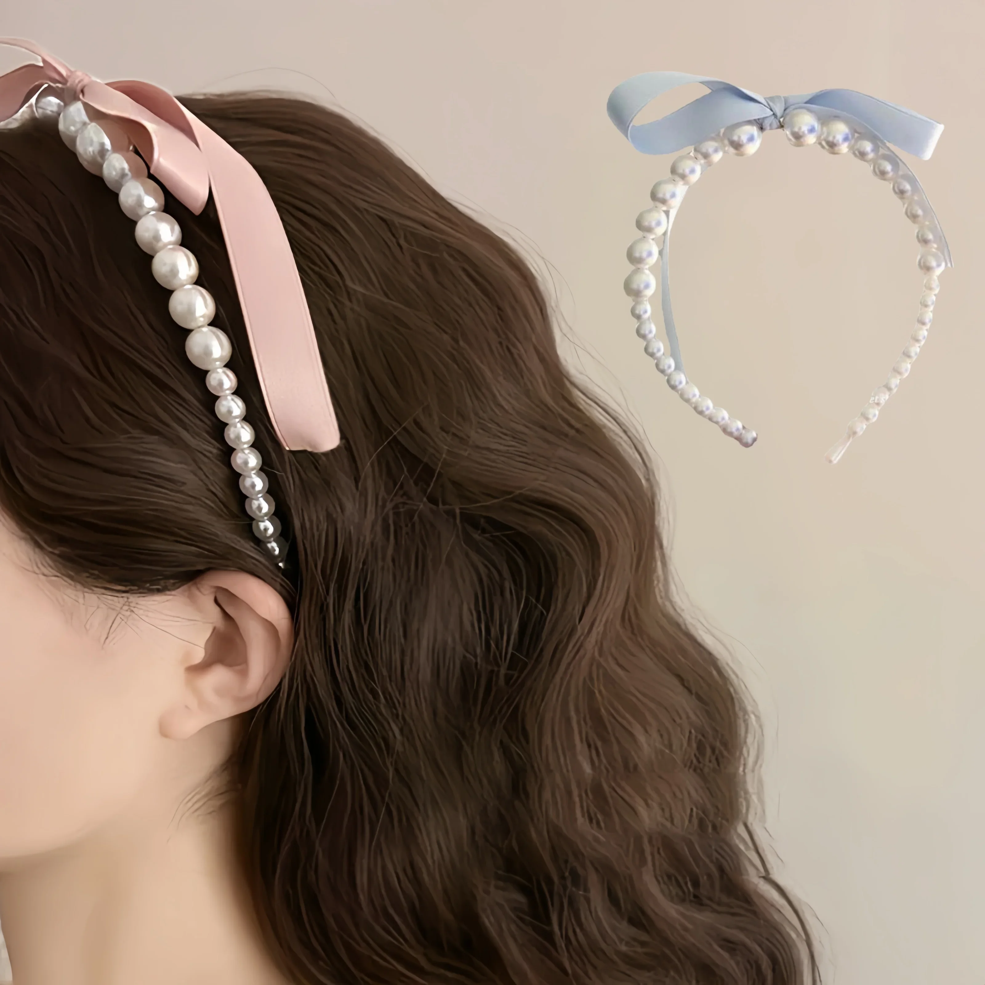 New Pink Blue Bow Ribbon Pearl Headband for Women Sweet Girls Temperament Hairpin Super Fairy Gentle Headband Headwear