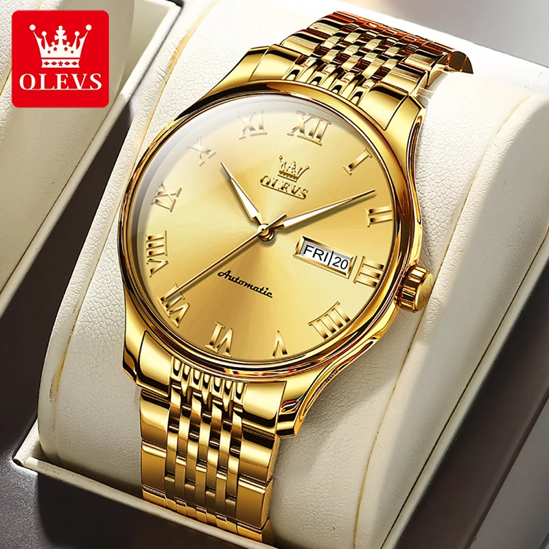 

OLEVS 2024 New Luxury Gold Automatic Mechanical Watch Mens Watches Top Brand Fashion Roman Scale Weekly Calendar Display Reloj