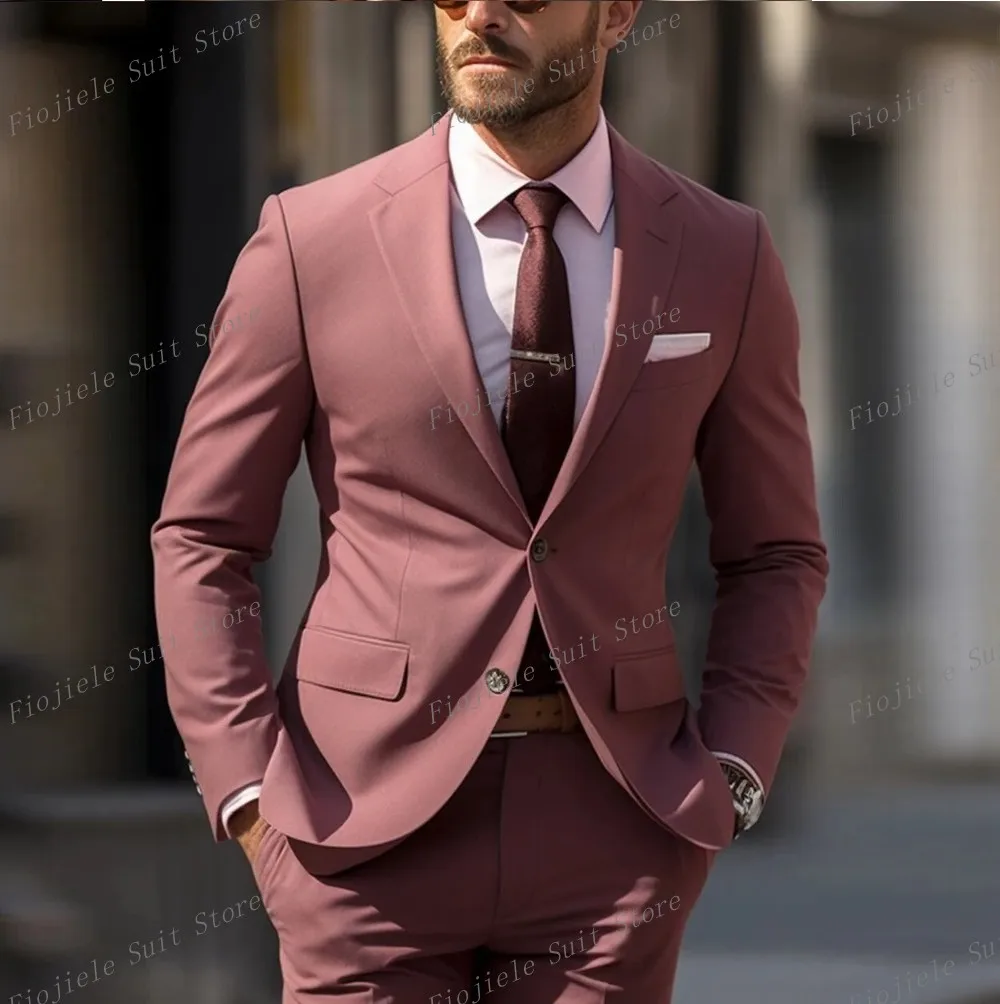 Pink Men Business Suit Groom Groomsman Tuxedos Prom Wedding Party Formal 2 Piece Set Jacket And Pants