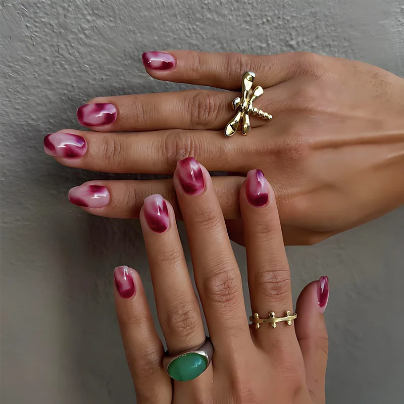 

24pcs Short Square Press on Fake Nails Purple Smudge Design Full Cover Nail Tips Simple Wearable Spicy Girl Ballet False Nails