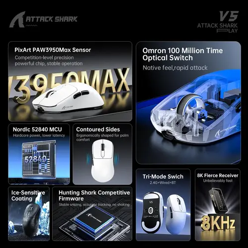 Imagen 2 del producto Ratón inalámbrico para juegos ATTACK SHARK V5, 55g, ultraligero, PAW3950MAX, 42K, Sensor DPI, velocidad de orina de 8000Hz, triodo