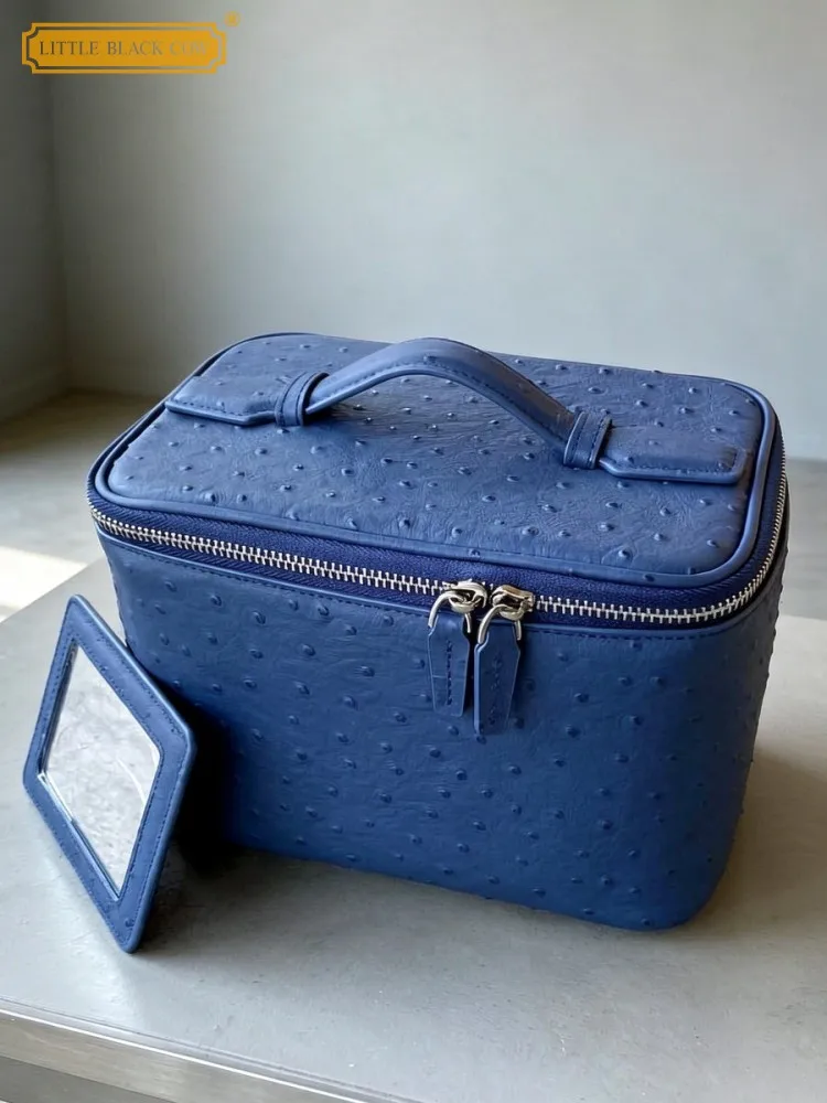 Women Ostrich Skin Pattern Handbag Flap Totes Casual Solid Color Fashion Cowhide Genuine Leather Sweet Ladies Wash Makeup Bags