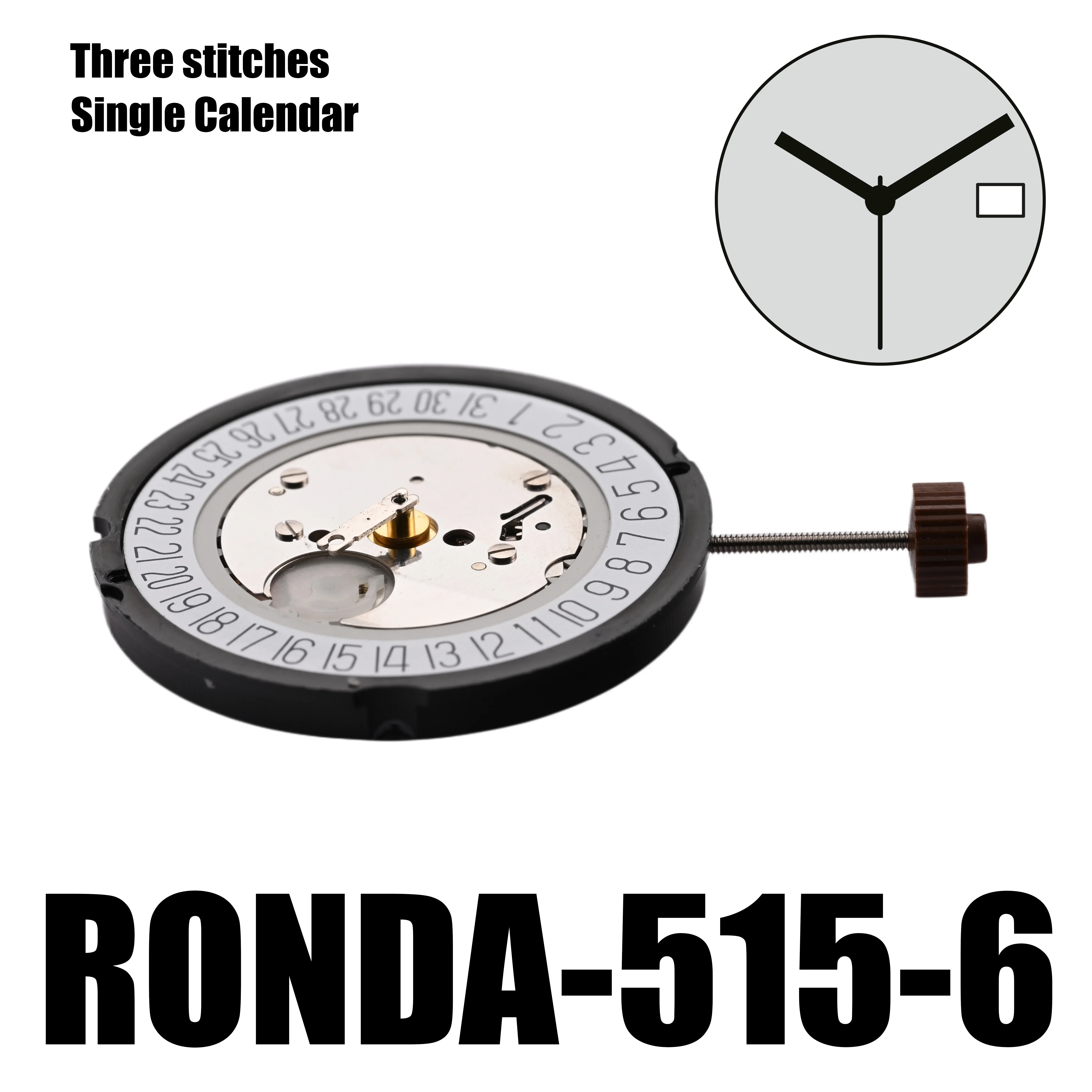 Ronda 515 Movement 515-6 Movement powertech Size 3mm 11½''' 25.60 mm 3 hands Date Displayed at 3 o'clock/at 6 o'clock