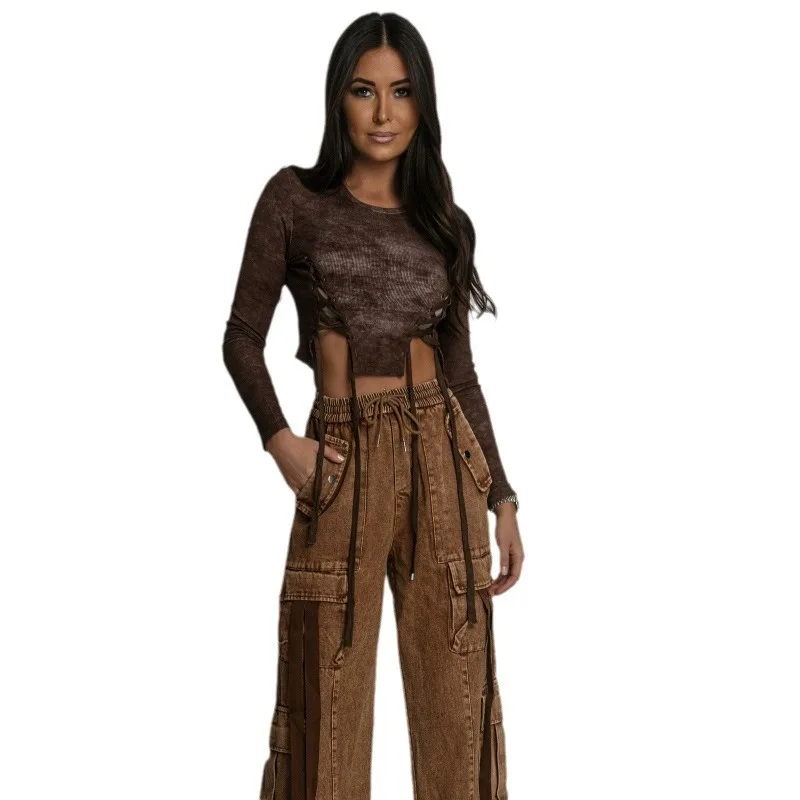 Niche Irregular Hem Long Sleeved T-shirt For Women 2025 Spring And Autumn Slim Fit Strap Waist Cinching Design Crop Top Women