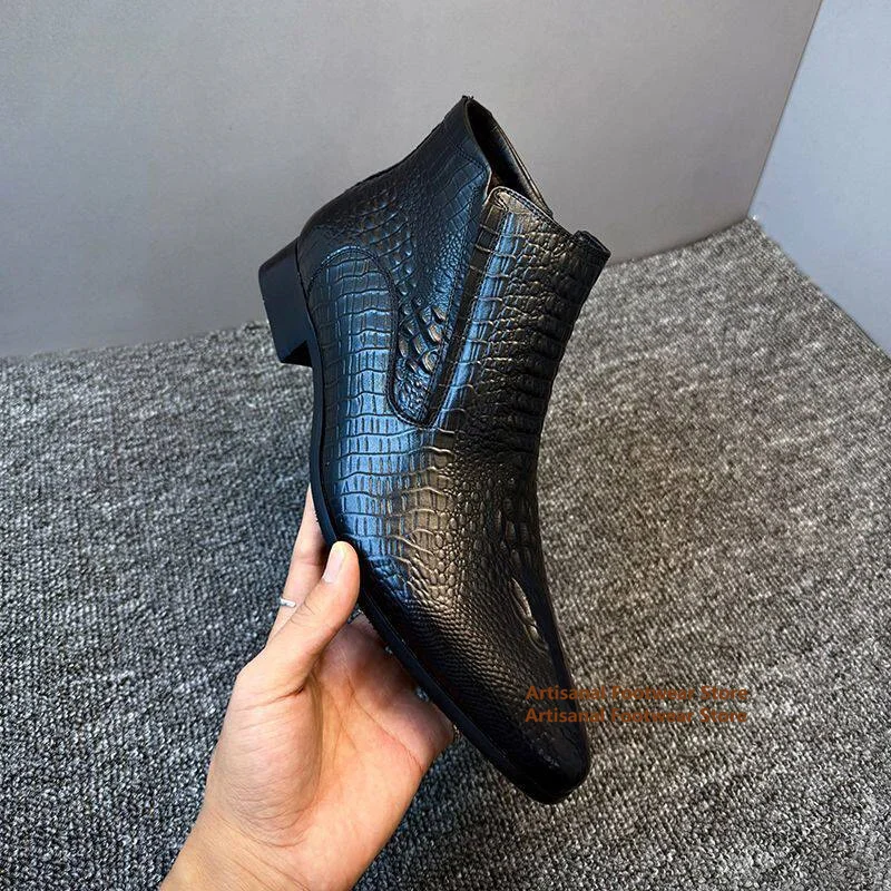 Black Crocodile Embossed Leather Chelsea Boots for Men Pointed Toe Side Zipper Low Heel Business Ankle Boots Trendy Men's Boots