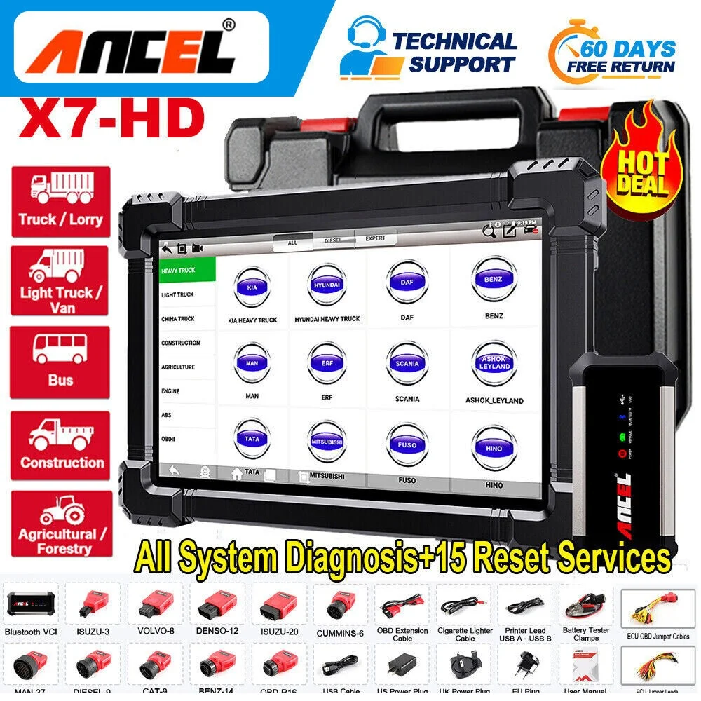 

ANCEL X7 HD Diesel Heavy Duty Truck Diagnostic Tool ECU Coding Oil Reset Bi-directional 24V 12V All System OBD2 Truck Scanner