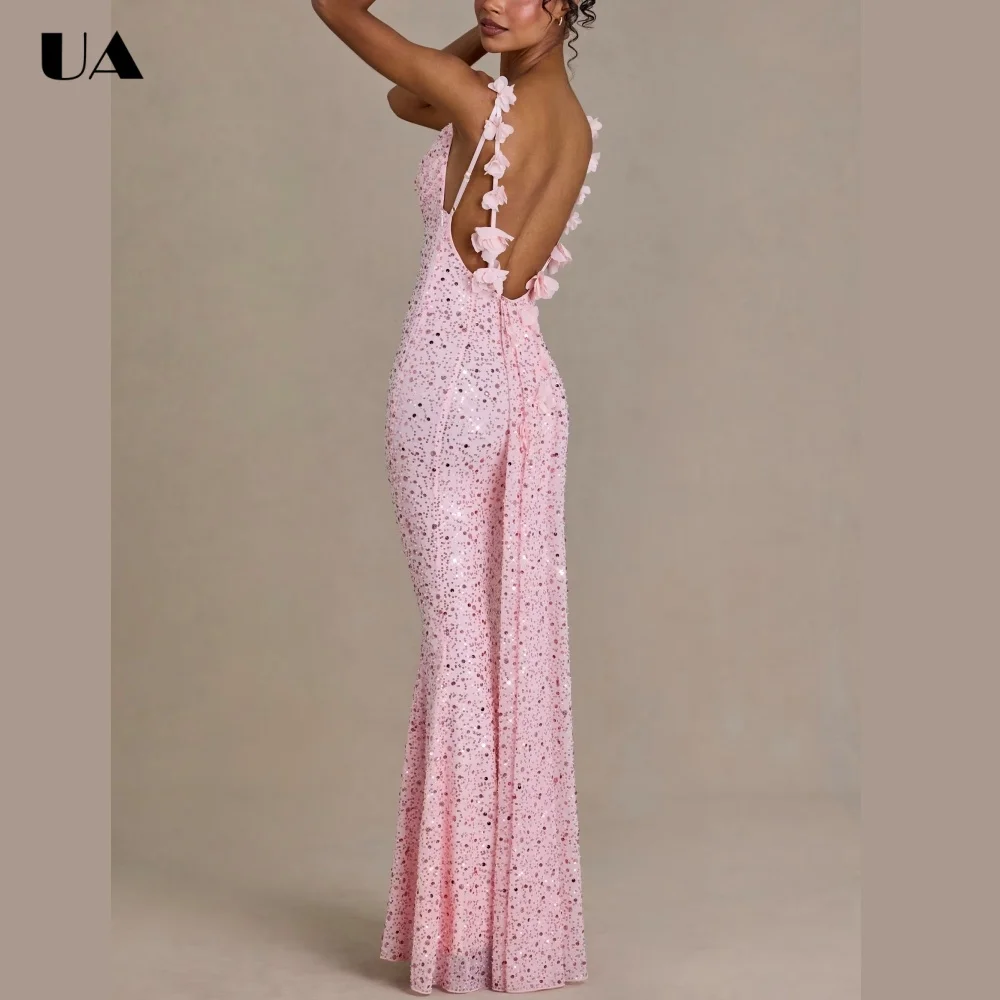 ULBYANRY Glamarous Backless Mermaid Evening Dress, Sparkly Sequined 3D Flower Prom Dress, Customized Spaghetti Strap Party Dress