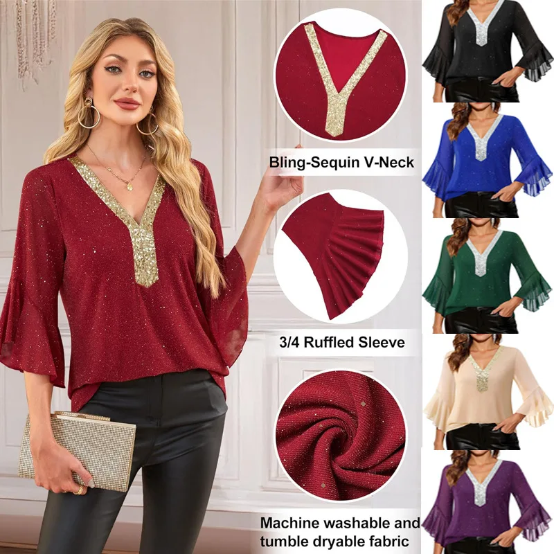 Fashionable Casual Deep V-Neck Color-Block Seven-Eighths Flared Sleeve Women's Top