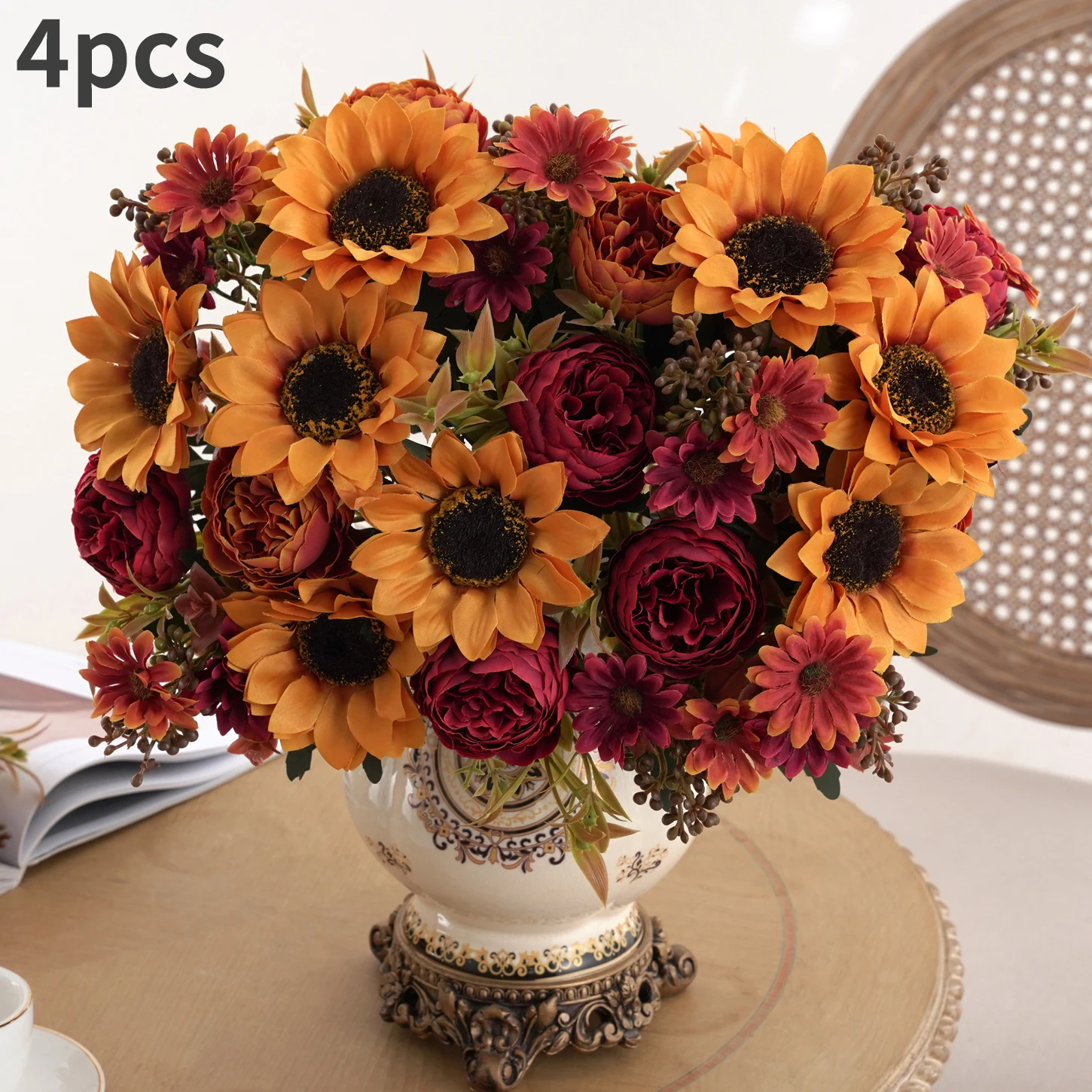 

1/4pcs Artificial Peony Sunflower Flowers, Perfect for Room, Home, Office, Wedding, Christmas, Halloween,Thanksgiving,Vase Decor