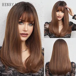 HENRY MARGU Ombre Brown Synthetic Wig with Bangs Medium Length Straight Wig Dark Roots Heat Resistant Wig for Women Soft Wig