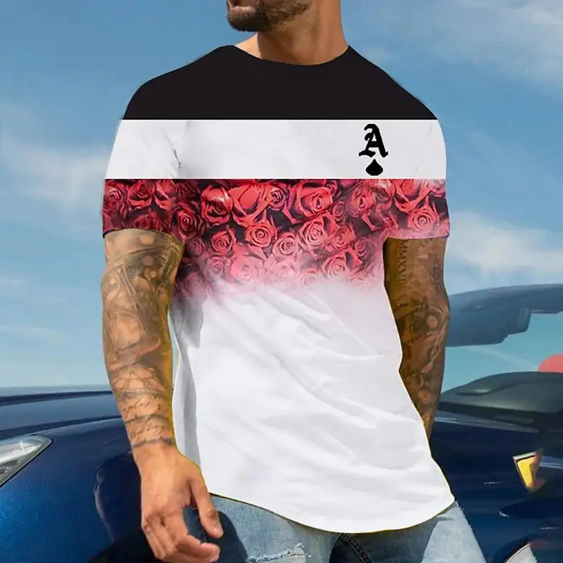 2023 Summer Men\'s T-shirt 3D Men\'s Street Style Round Neck T Shirt Fashion Poker Print Short Sleeve Zebra Stripe Oversized Tops