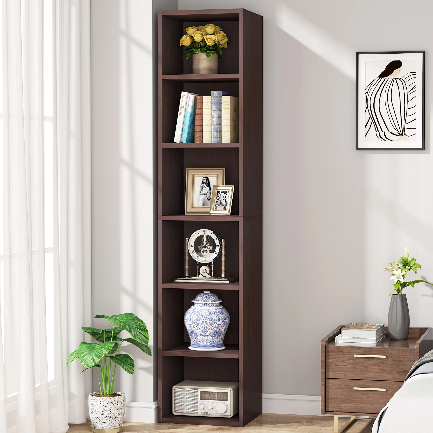 Tribesigns 70.9 Inch Tall Narrow Bookcase, Rustic Corner Bookcase with Storage, 6 Tier Cube Display Shelves for Home Office