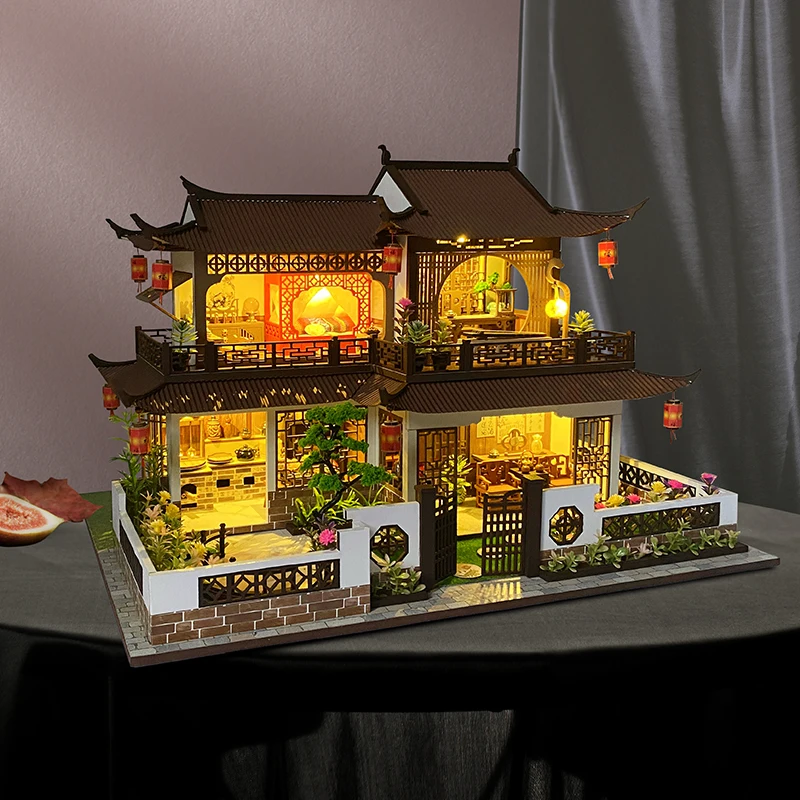 Grande edifício antigo casa de boneca de madeira casa móveis em miniatura com kit led casas de bonecas diy montagem brinquedo crianças presente aniversário