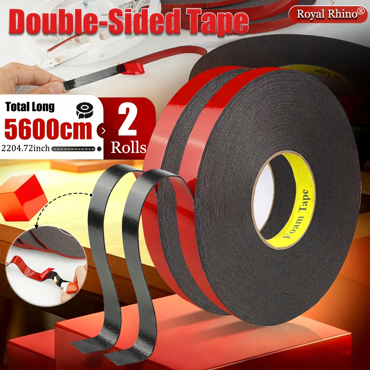 2Rolls PE Black Double-Sided Strong Adhesive-High Temperature Resistant LED Light Strip Household Car Installation Foam Adhesive