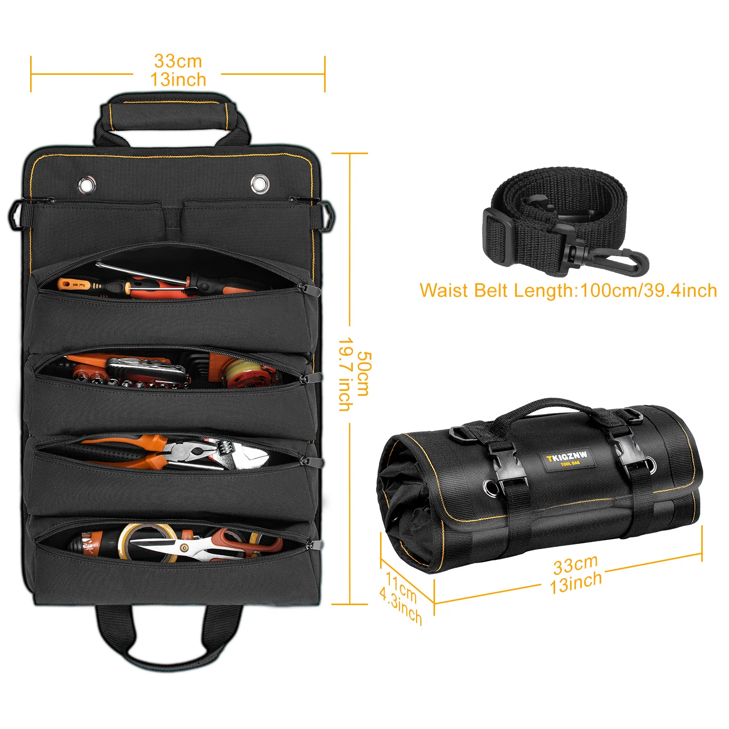 TKIGZNW Tool Bag Roll Up, Heavy Duty Rolled Empty Tool Storage Organization, Portable Foldable Rollup Organizer with 2 Small