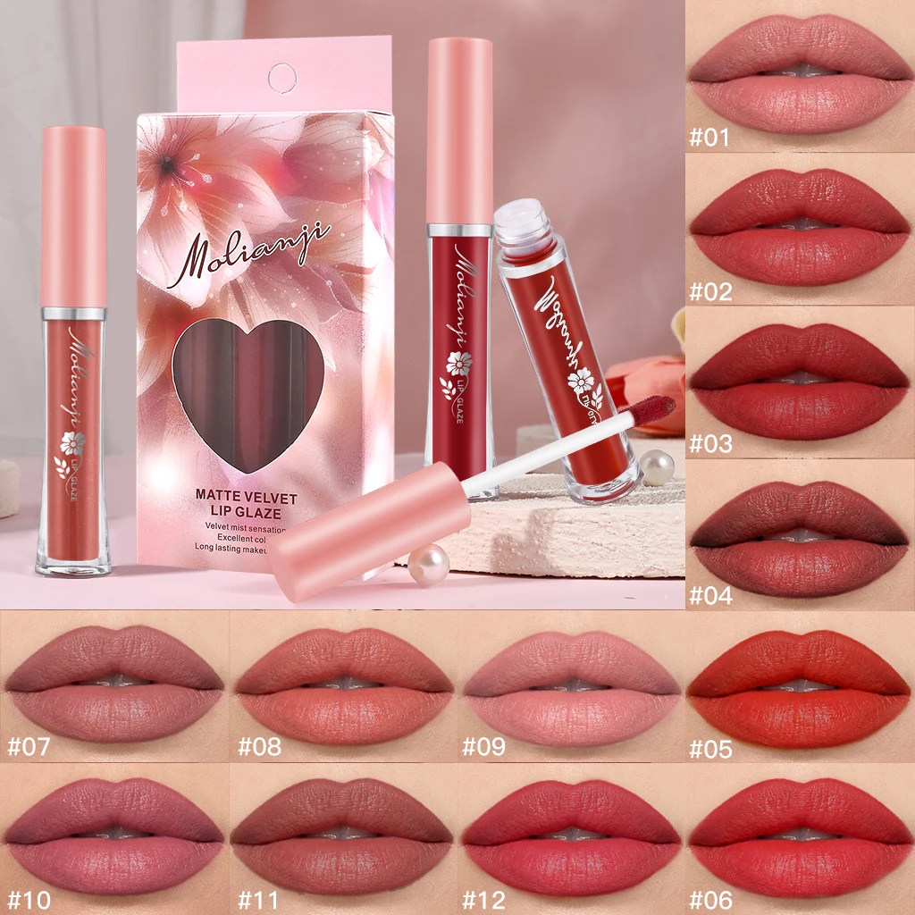 3-Pack Matte Lip Gloss Box, Multi-Color Lipstick Lip Gloss, Waterproof and Non-Stick Cup, Creating a Bright Lip Makeup