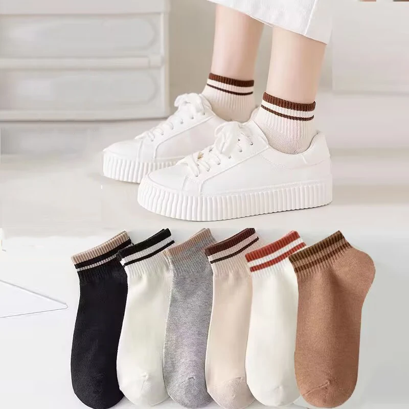 6Pairs/Set Soft Cotton Striped Ankle Short Socks Men Women Spring Autumn Low Cut Boat Sock Harajuku Casual Retro Soild Sokken