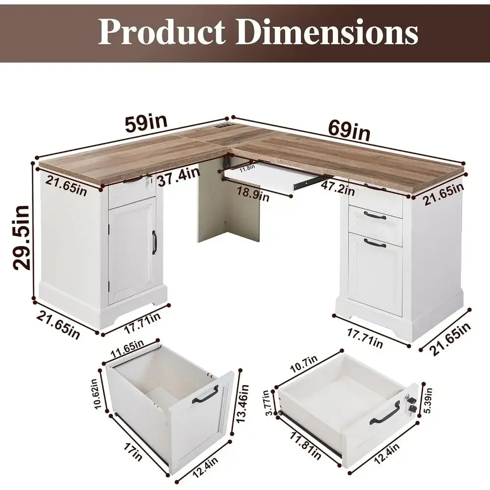 L-Shaped Desk with Charging Station, Keyboard Tray, Lockable Drawers, Storage Cabinet, and Adjustable File Cabinet, White for Ho