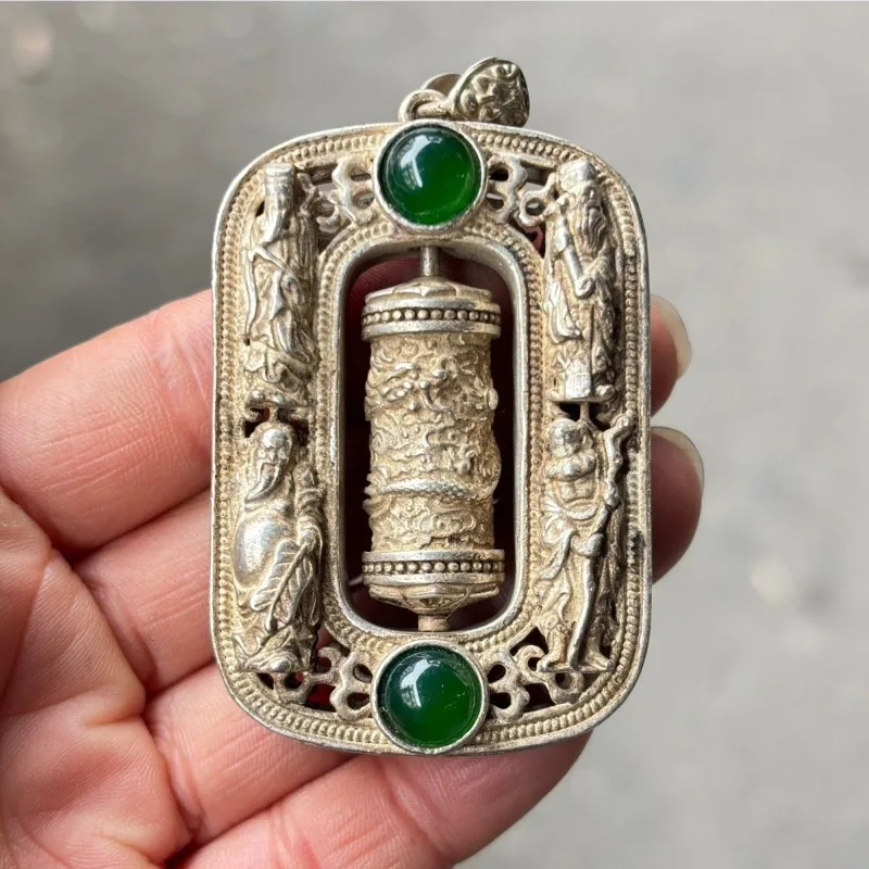 Antique Copper Silver Plated Eight Immortals Pendant, Hollow Carved Necklace with Snake Bone Chain, Vintage Auspicious Jewelry