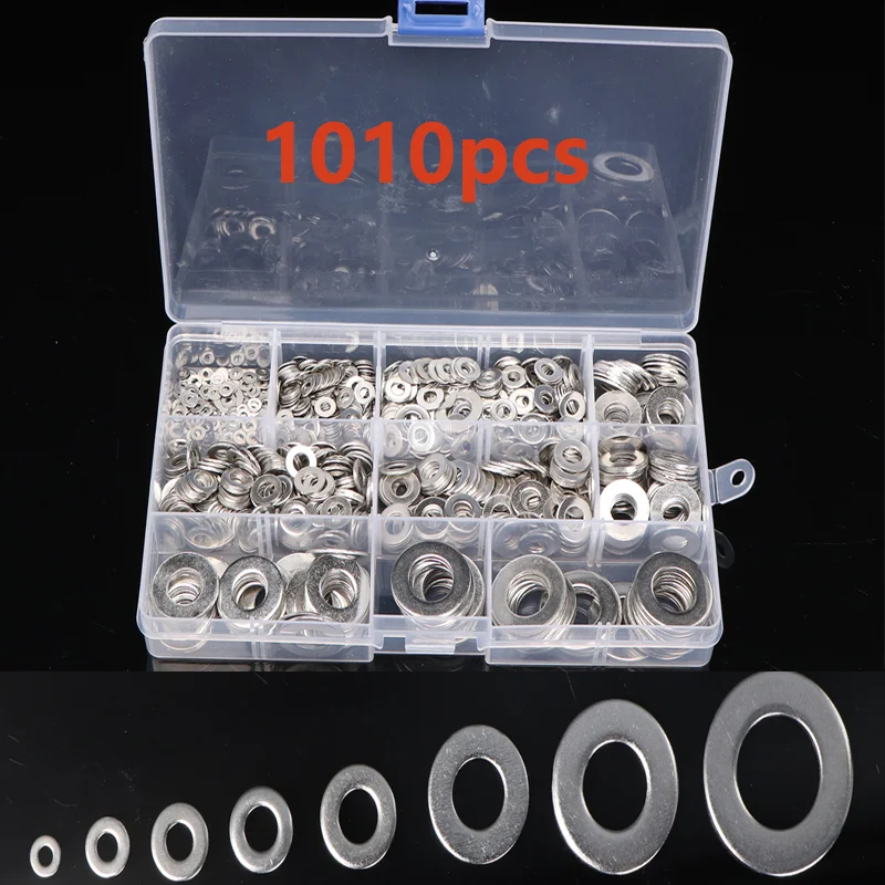 

1010pcs Stainless Steel Washer Set M2 M3 M4 M5 M6 M8 M10 M12 Flat Washers Ring Plain Washer Gaskets Assortment Kit