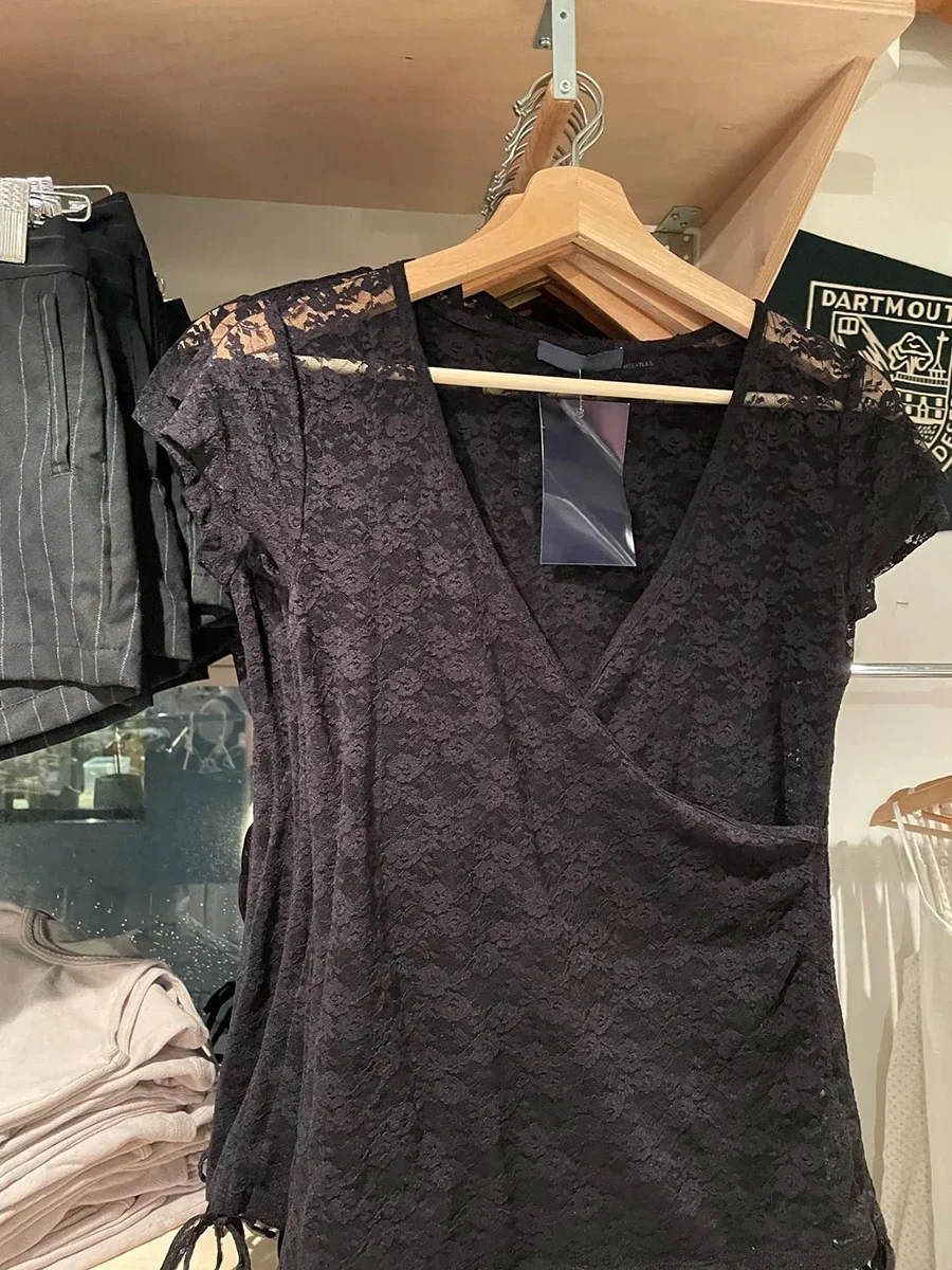 Women Black Lace Transparent Drawstring Crop Top 2024 Summer Short Sleeve V-Neck Thin T-shirt Female Casual Vintage Tees Tops