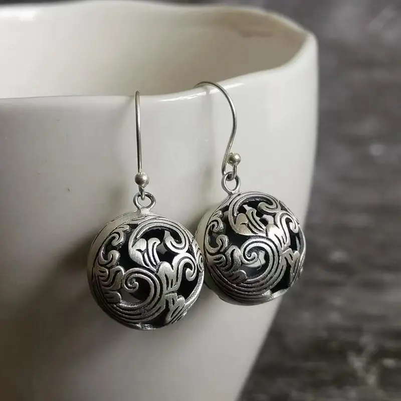 

Thai silver craft hollow spherical retro auspicious clouds earrings for women Chinese style classic Hanfu Accessories Jewelry