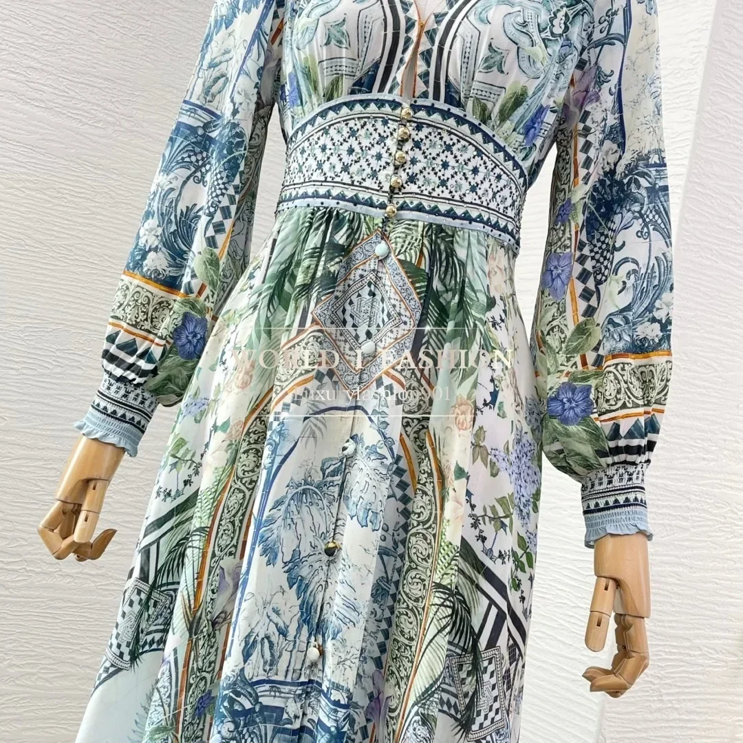 Vestido midi con cuello en V plisado y manga larga con estampado floral azul de alta calidad