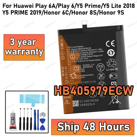 100% New High Quanlity HB405979ECW Battery For HUAWEI PLAY 6A/PLAY 6/Y5 Prime/Y5 lite 2018/honor 6c Replacement batteria+Free to