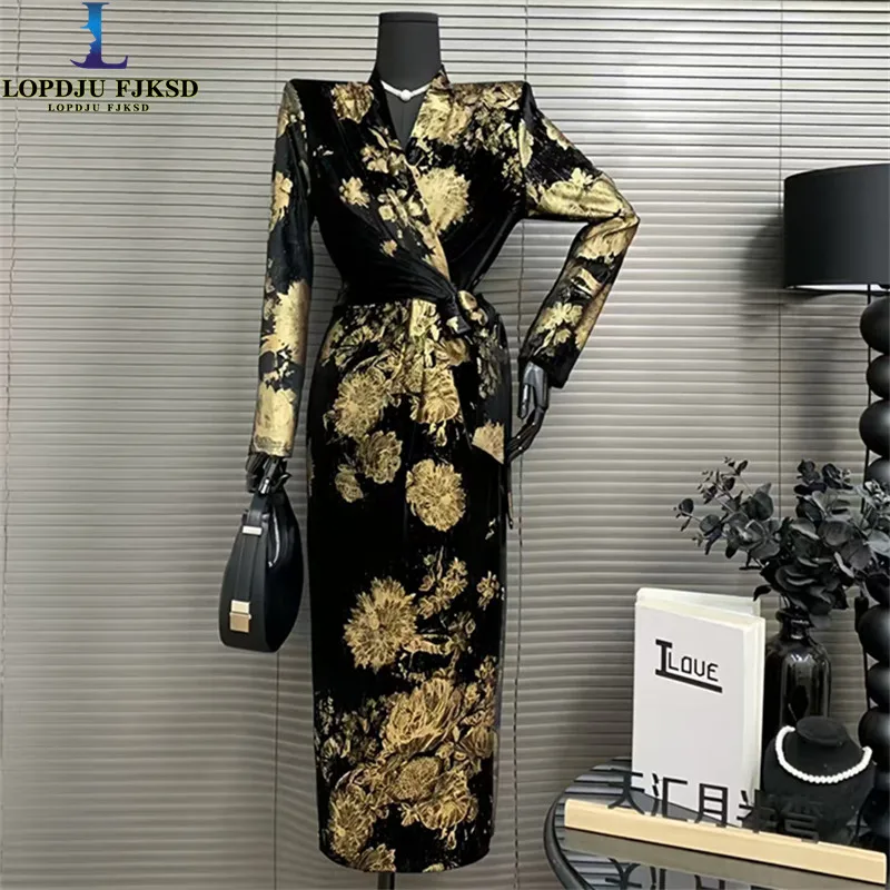 Elegante Paleis Avond Lantaarn Corduroy Dress Print Sjerpen Lange Feestjurk Vrouwelijke Luxe Festivalkleding