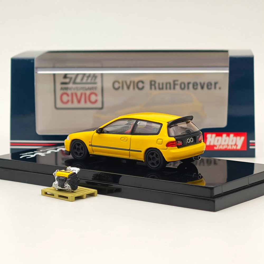 Hobby Japón 1/64 CIVIC (EG6) estilo JDM versión personalizada con modelo de pantalla de motor amarillo HJ 642017 AY Colección de coches fundidos a presión