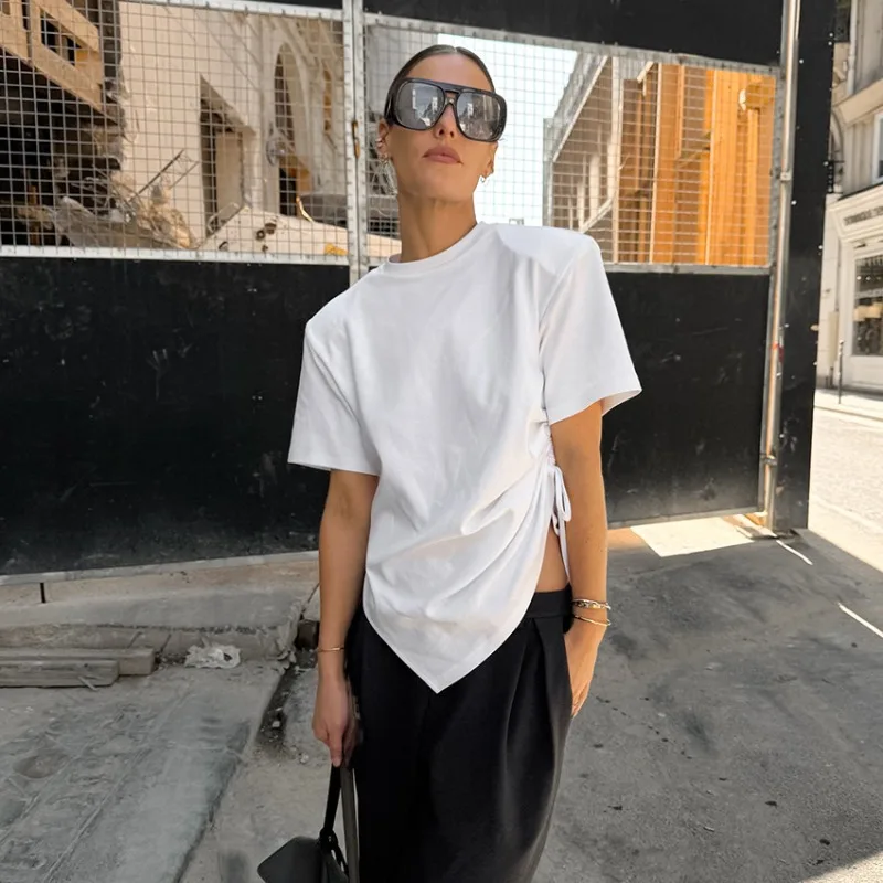 Women 2026 Spring Summer New Hot Selling Fashion Irregular Tie Short Sleeve Loose Round Neck Commute Blouse Top Versatile Trendy