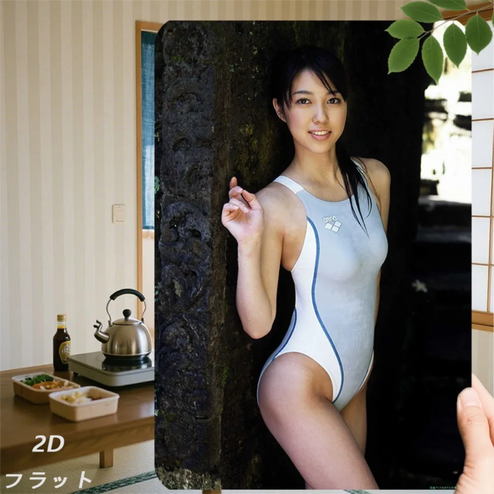 Light Blue and White Competitive Swimsuit Asian Woman Vintage Metal Tin Sign Wall Art Decor