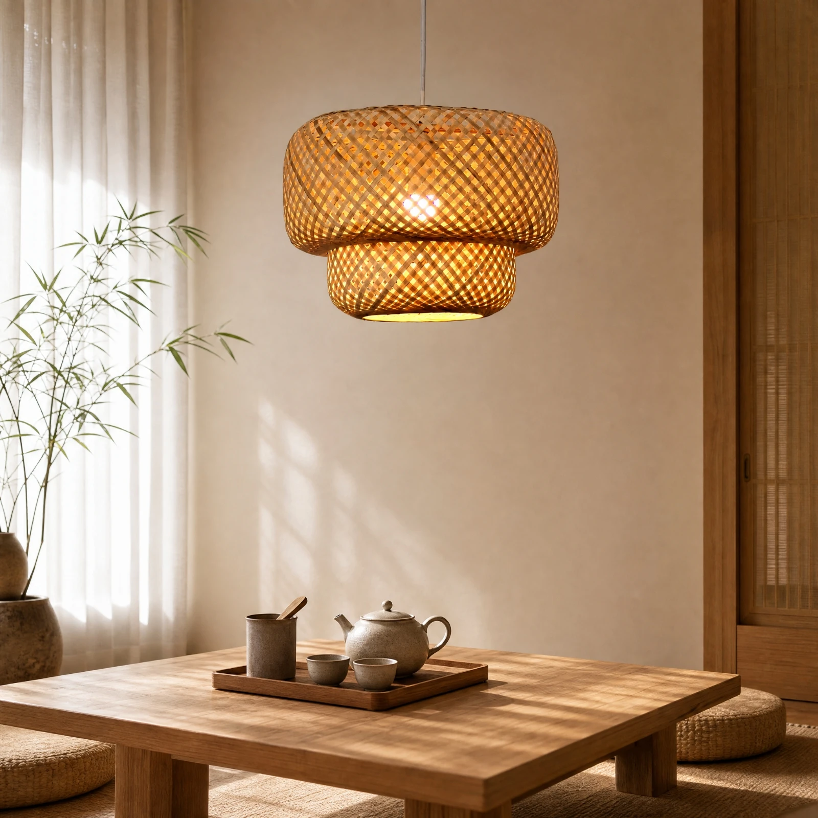 Two-Level Hanging Lampshade Open Weave Lattice Woven Lampshade Bamboo Pendant Light Shade Natural Woven Pendant Shade Versatile