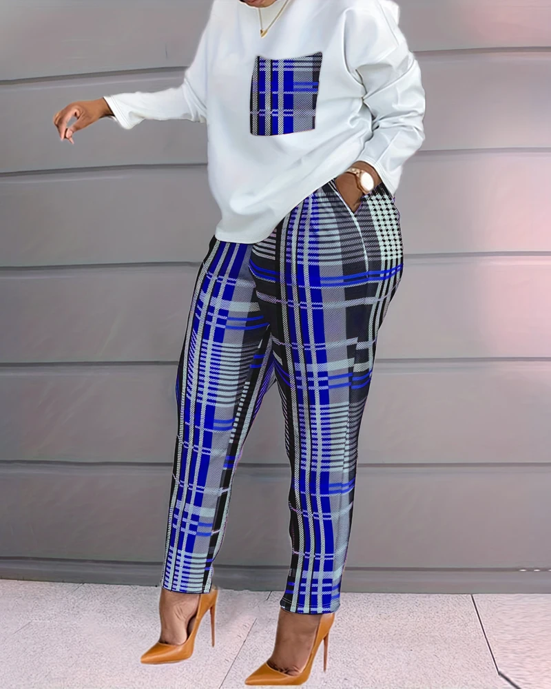 Women's Spring/summer Checkered Contrasting Pocket Casual Set Checkered Print Round Neck Temperament Commuting Set ﻿